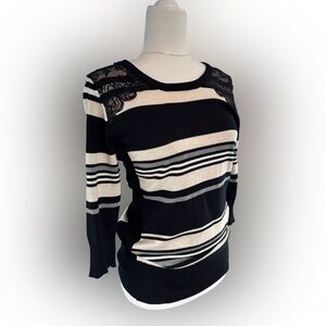 A. Byer Black and Cream Striped Top with Black Lace Shoulder Detail Size M